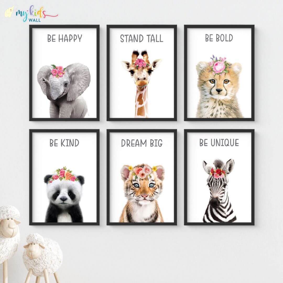 inspirational baby animals wall art set of 6 black frame