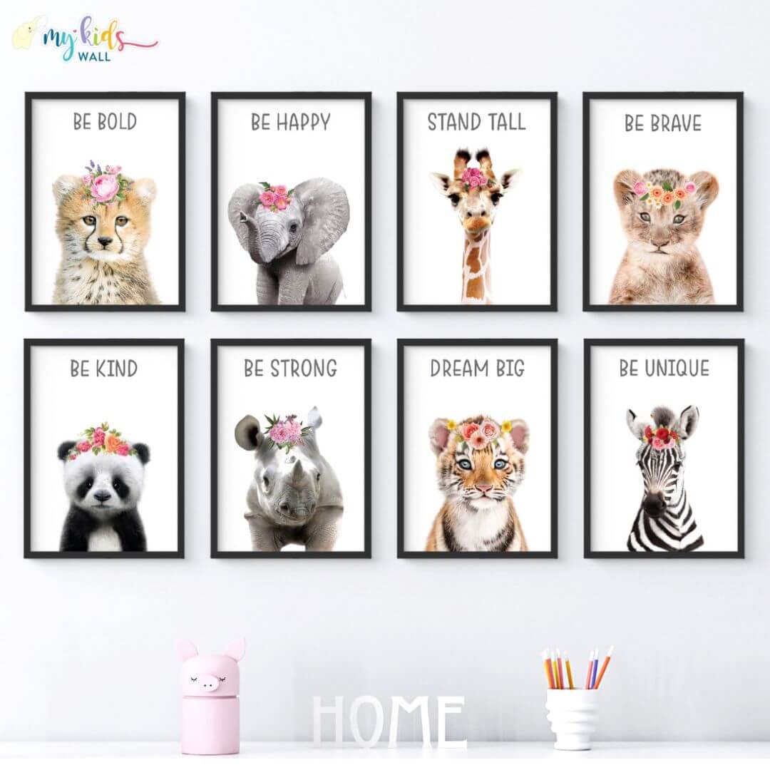 inspirational baby animals wall art set of 8 black frame