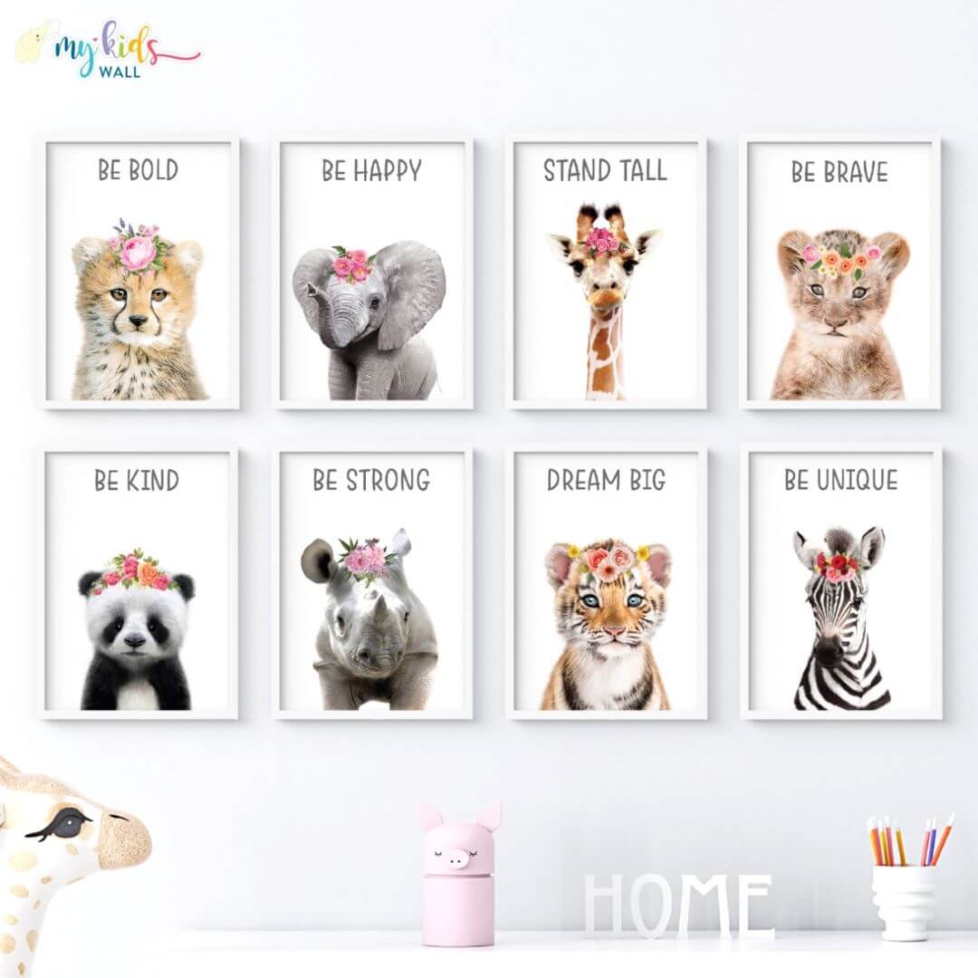 inspirational baby animals wall art set of 8 white frame