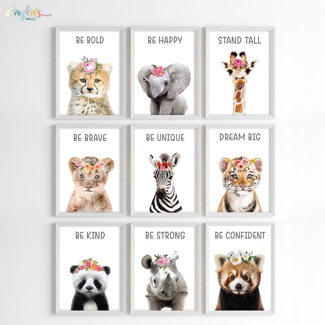 Floral Motivational Baby Animals Wall Art (Framed)