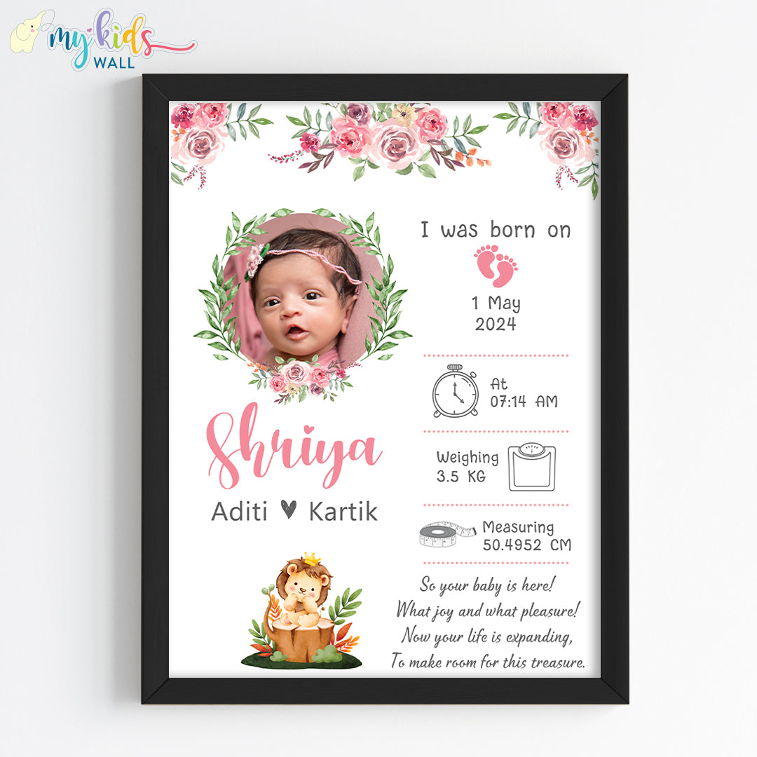 Newborn Girl Birth Statistics Personalised Wall Art (Framed) New