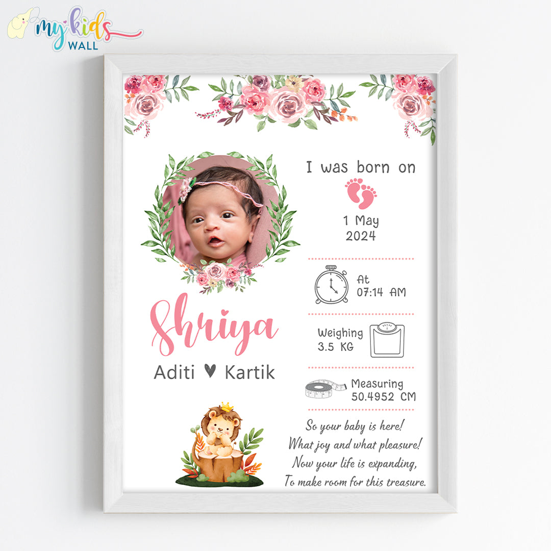 Newborn Girl Birth Statistics Personalised Wall Art (Framed) New