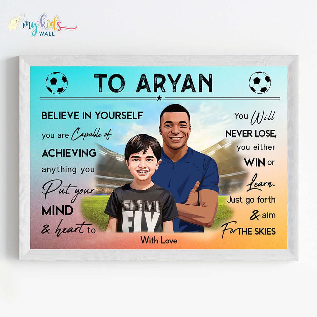 Motivational white wall frame of Mbappe with a child