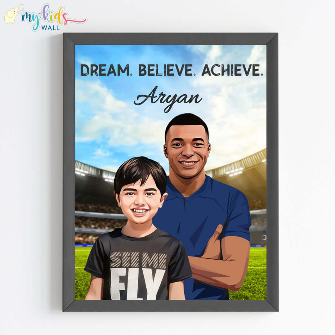 Inspirational black wall frame of Mbappe with a child