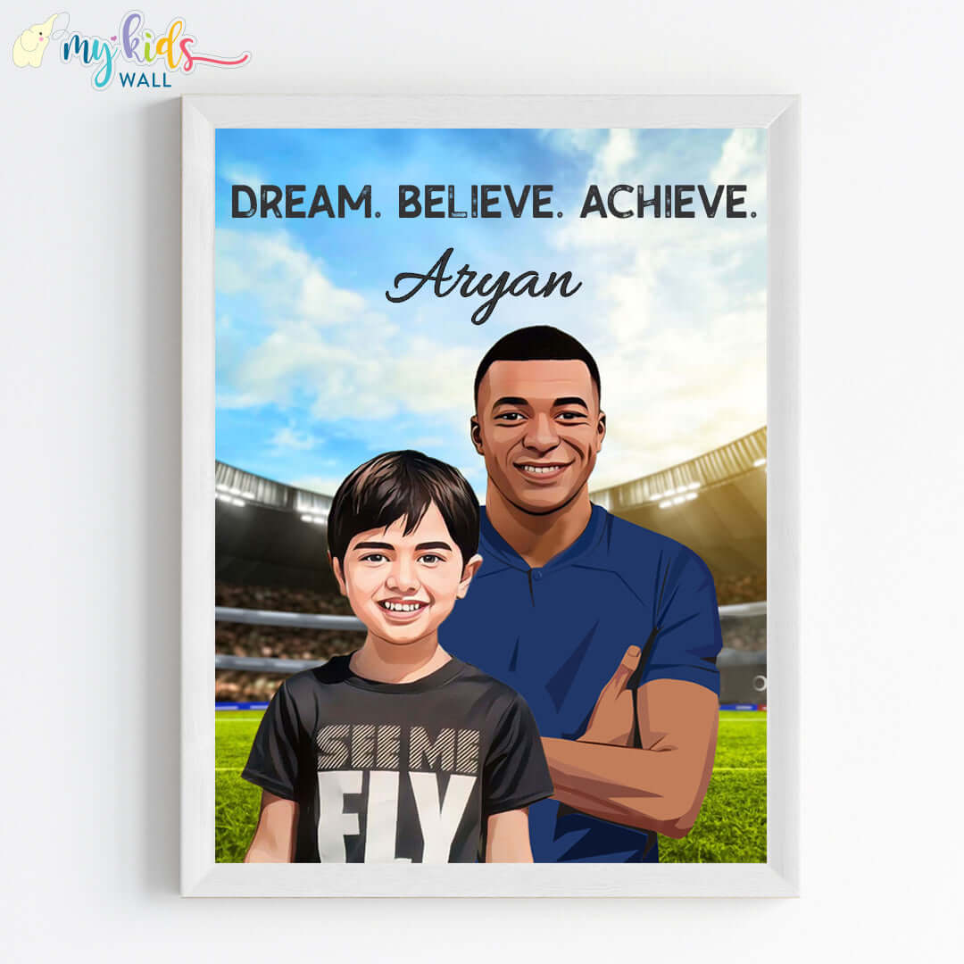 Inspirational white wall frame of Mbappe with a child