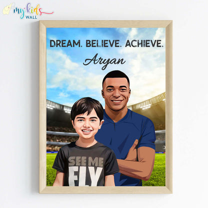 Inspirational wooden wall frame of Mbappe with a child