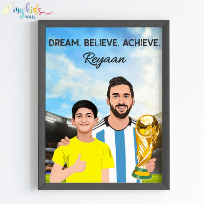 Inspirational black wall frame of Messi with a child