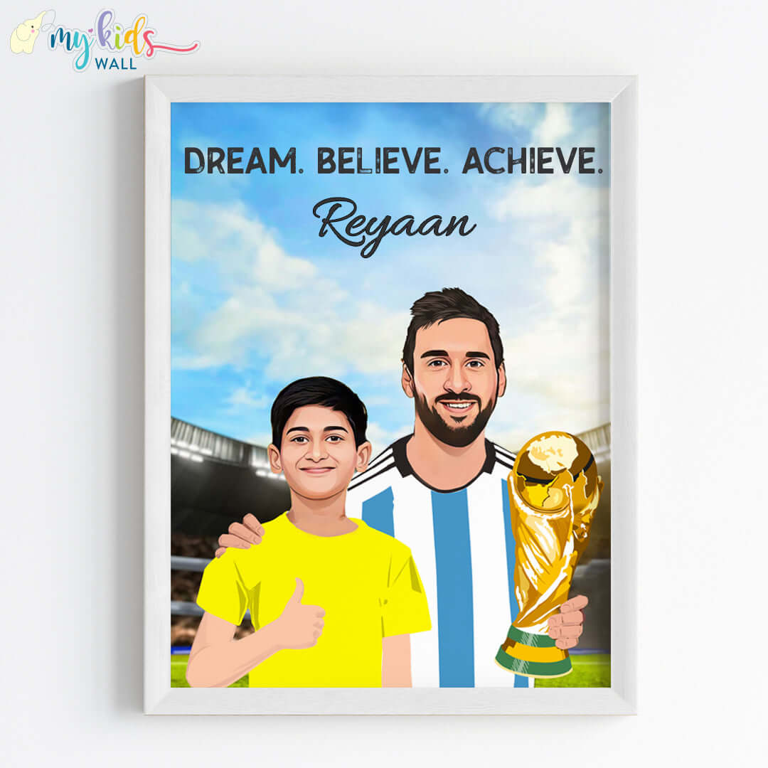 Inspirational white wall frame of Messi with a child