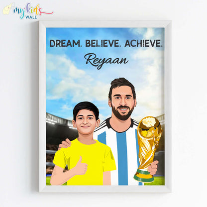 Inspirational white wall frame of Messi with a child