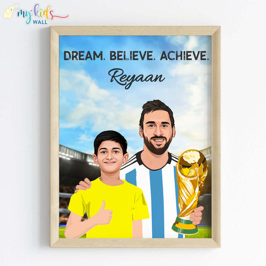 Inspirational wooden wall frame of Messi with a child