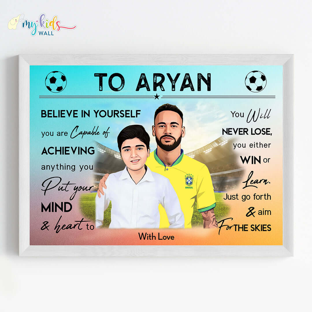 Motivational white wall frame of Neymar with a child