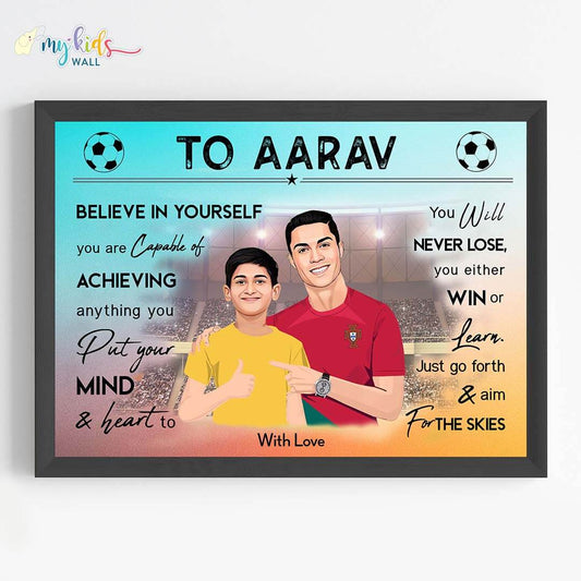 Motivational black wall frame of Ronaldo with a boy