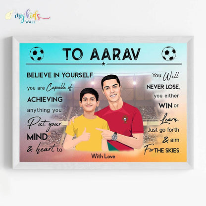 Motivational white wall frame of Ronaldo with a boy