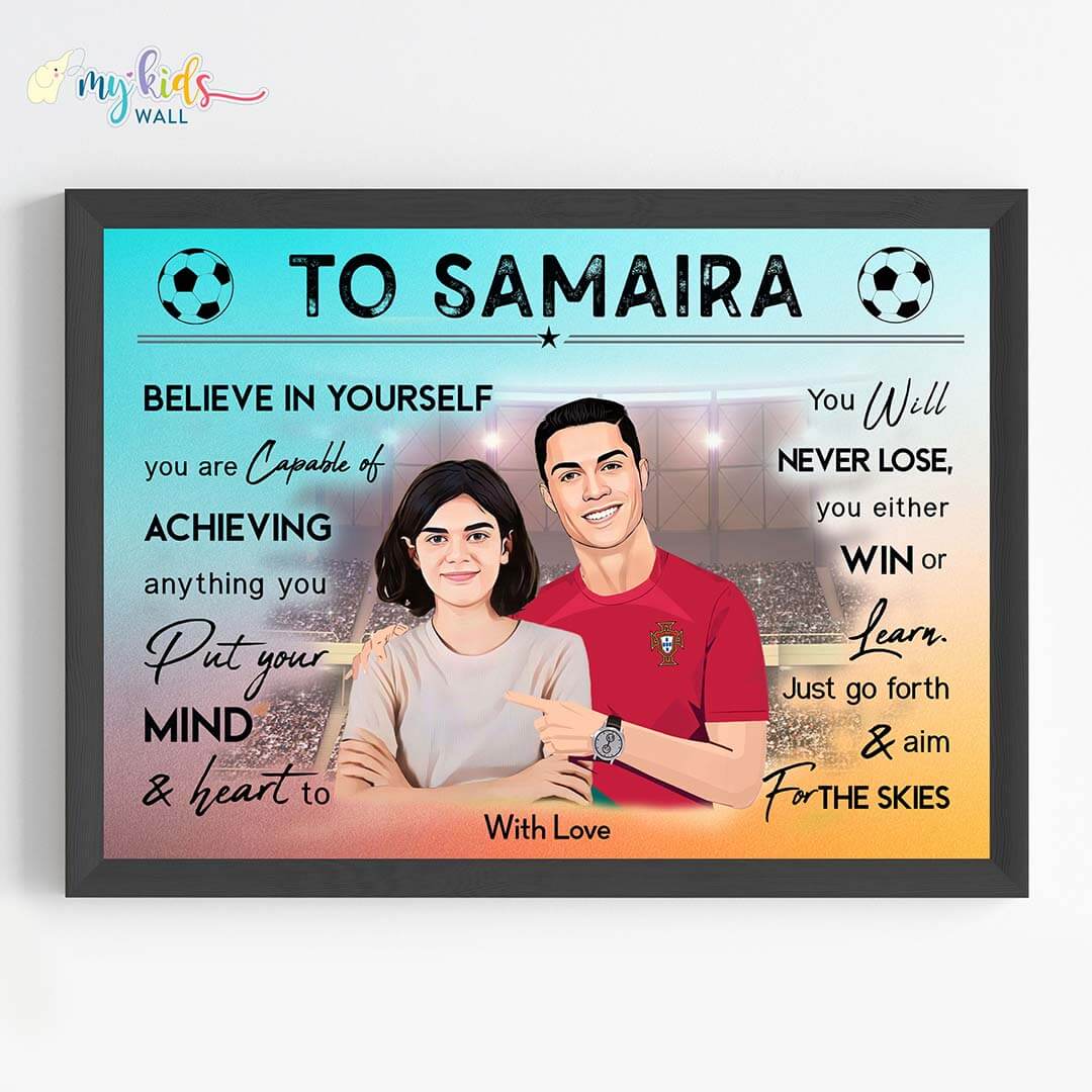 Motivational black wall frame of Ronaldo with a girl