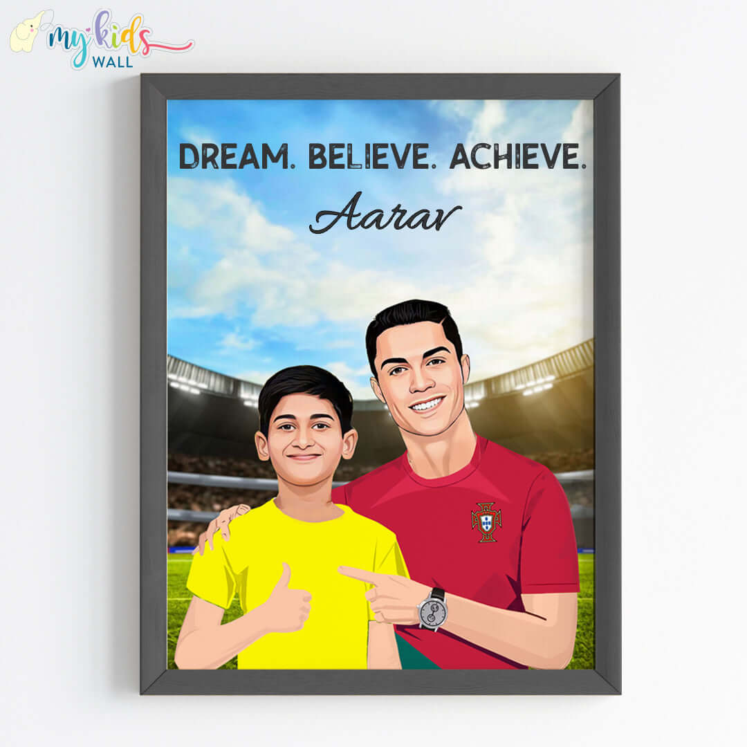 Inspirational black wall frame of Ronaldo with a child