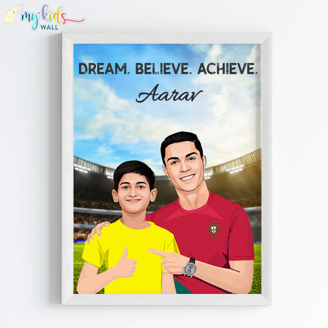 Inspirational white wall frame of Ronaldo with a child