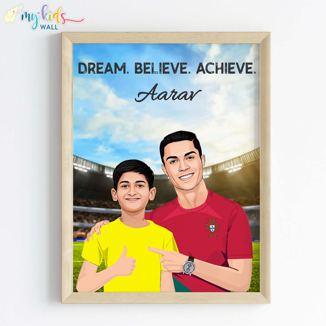 Inspirational wooden wall frame of Ronaldo with a child