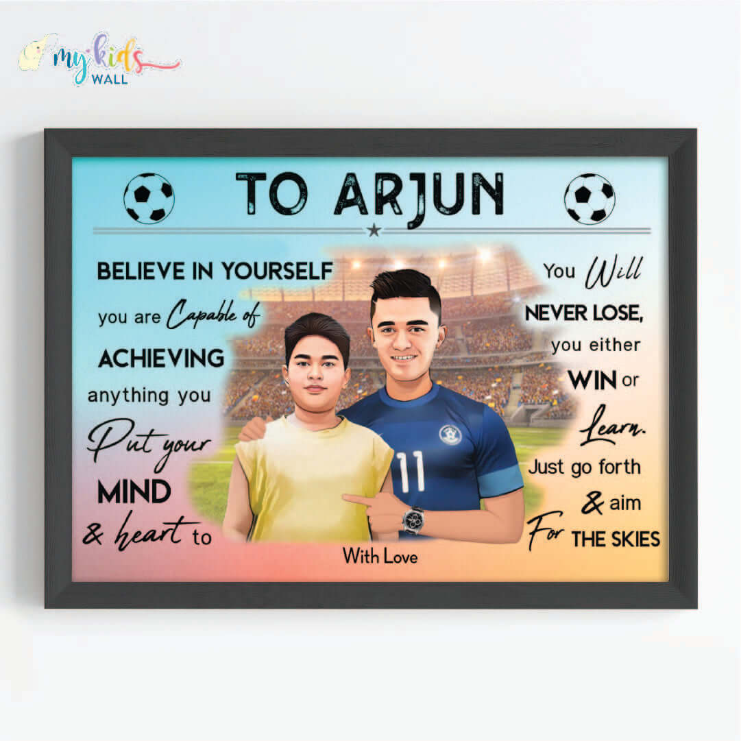 Motivational black wall frame of Sunil Chhetri with a child