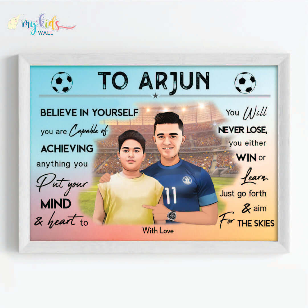 Motivational white wall frame of Sunil Chhetri with a child