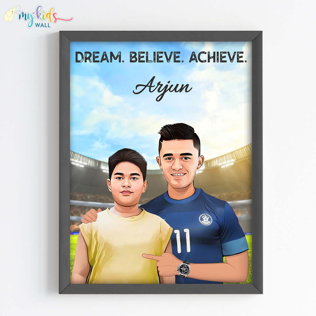 Inspirational black wall frame of Sunil Chhetri with a child