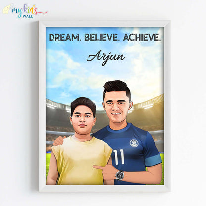 Inspirational white wall frame of Sunil Chhetri with a child