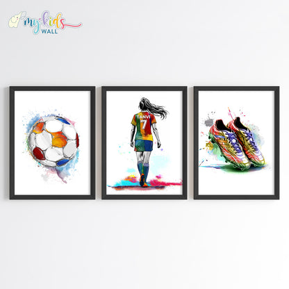 Football Girl Player Personalised Wall Art Framed Set of 3 Black