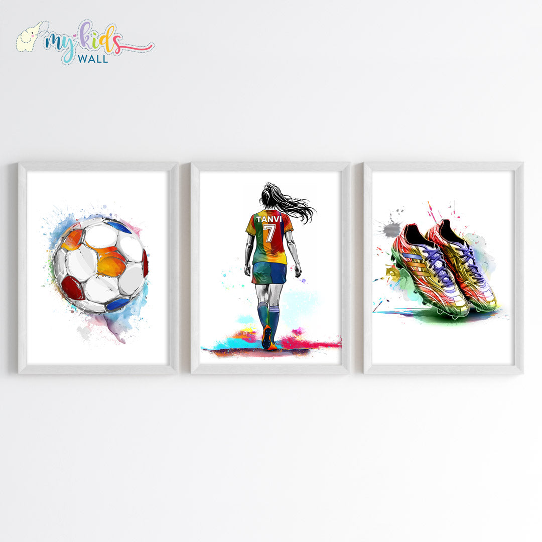Football Girl Player Personalised Wall Art Framed Set of 3 White