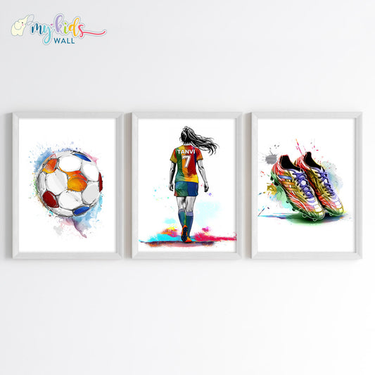 Football Girl Player Personalised Wall Art Framed Set of 3 White