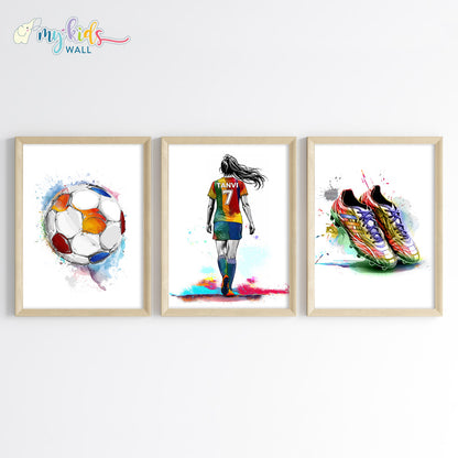 Football Girl Player Personalised Wall Art Framed Set of 3 Wooden