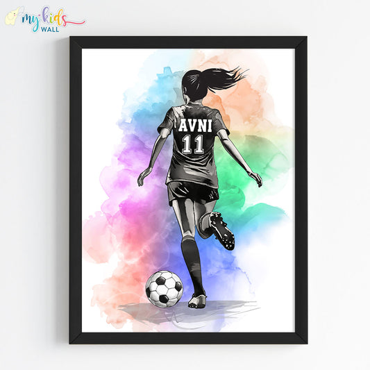 football girl player watercolor wall art black frame