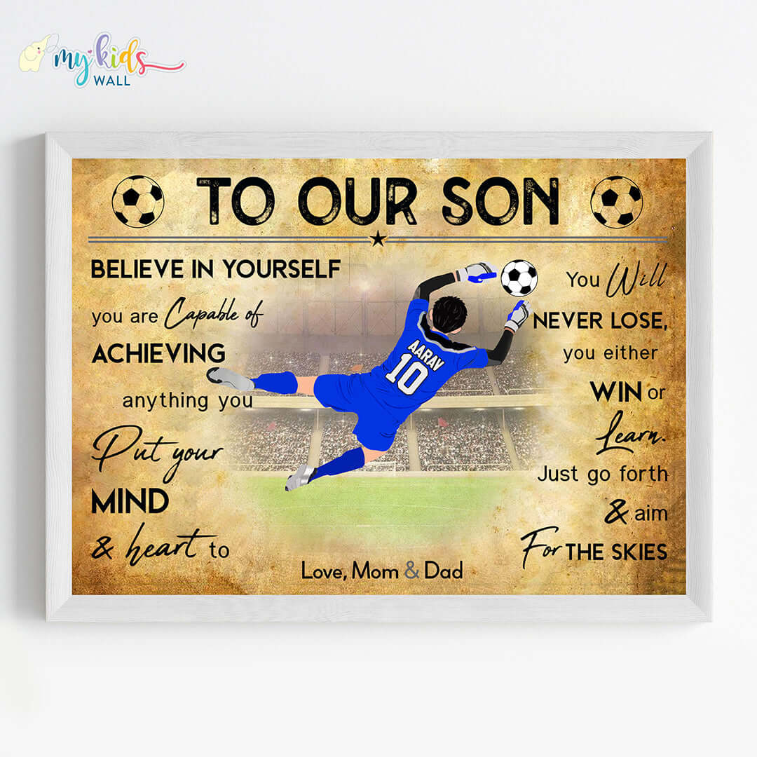 Motivational football goal keeper boy wall art white frame