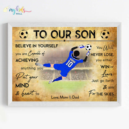 Motivational football goal keeper boy wall art white frame