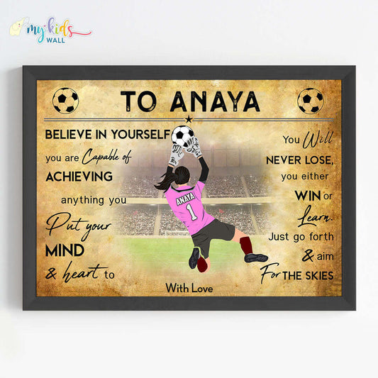 Motivational football goal keeper girl wall art black frame