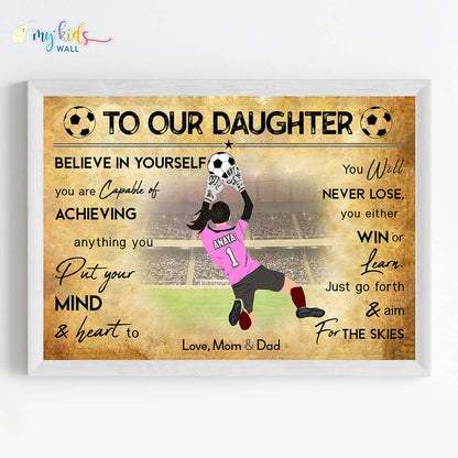 Motivational football goal keeper girl wall art white frame