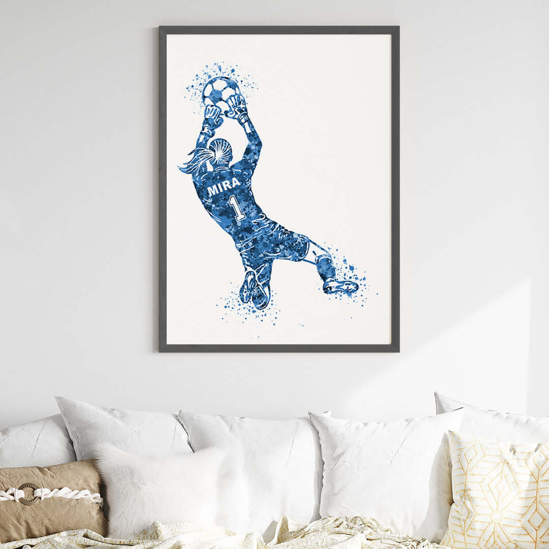 Inspirational football goal keeper girl blue wall art black frame