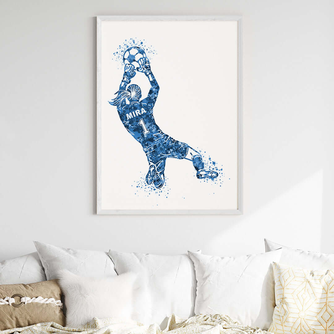 Inspirational football goal keeper girl blue wall art white frame