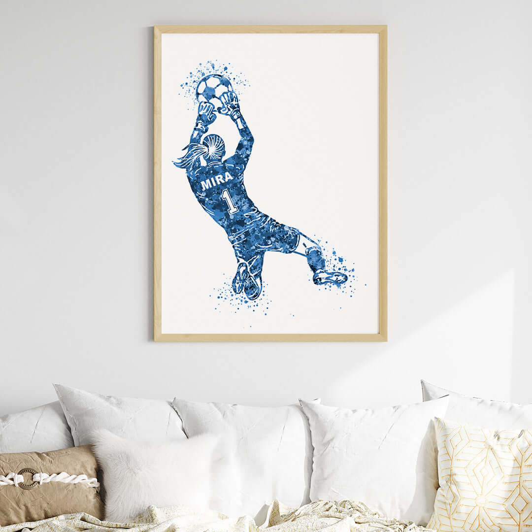 Inspirational football goal keeper girl blue wall art wooden frame