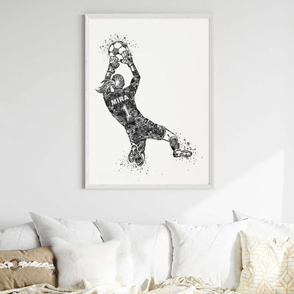 Inspirational football goal keeper girl black wall art white frame