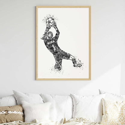 Inspirational football goal keeper girl black wall art wooden frame