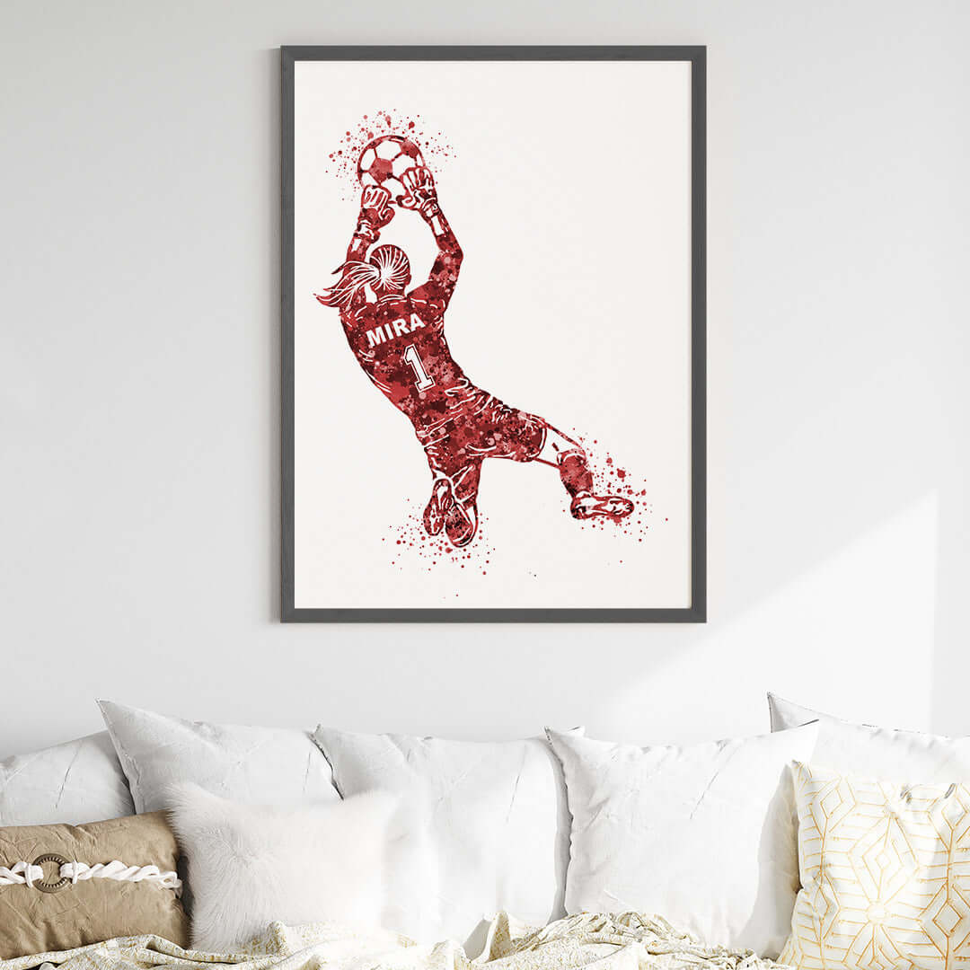 Inspirational football goal keeper girl red wall art black frame