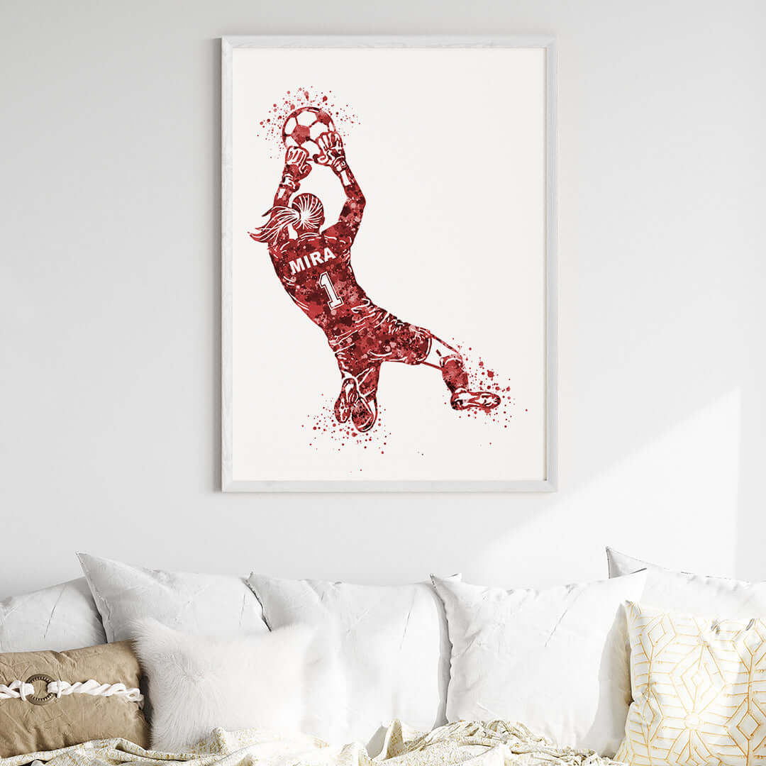 Inspirational football goal keeper girl red wall art white frame