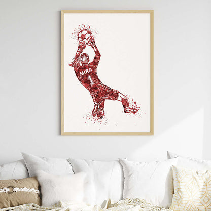 Inspirational football goal keeper girl red wall art wooden frame