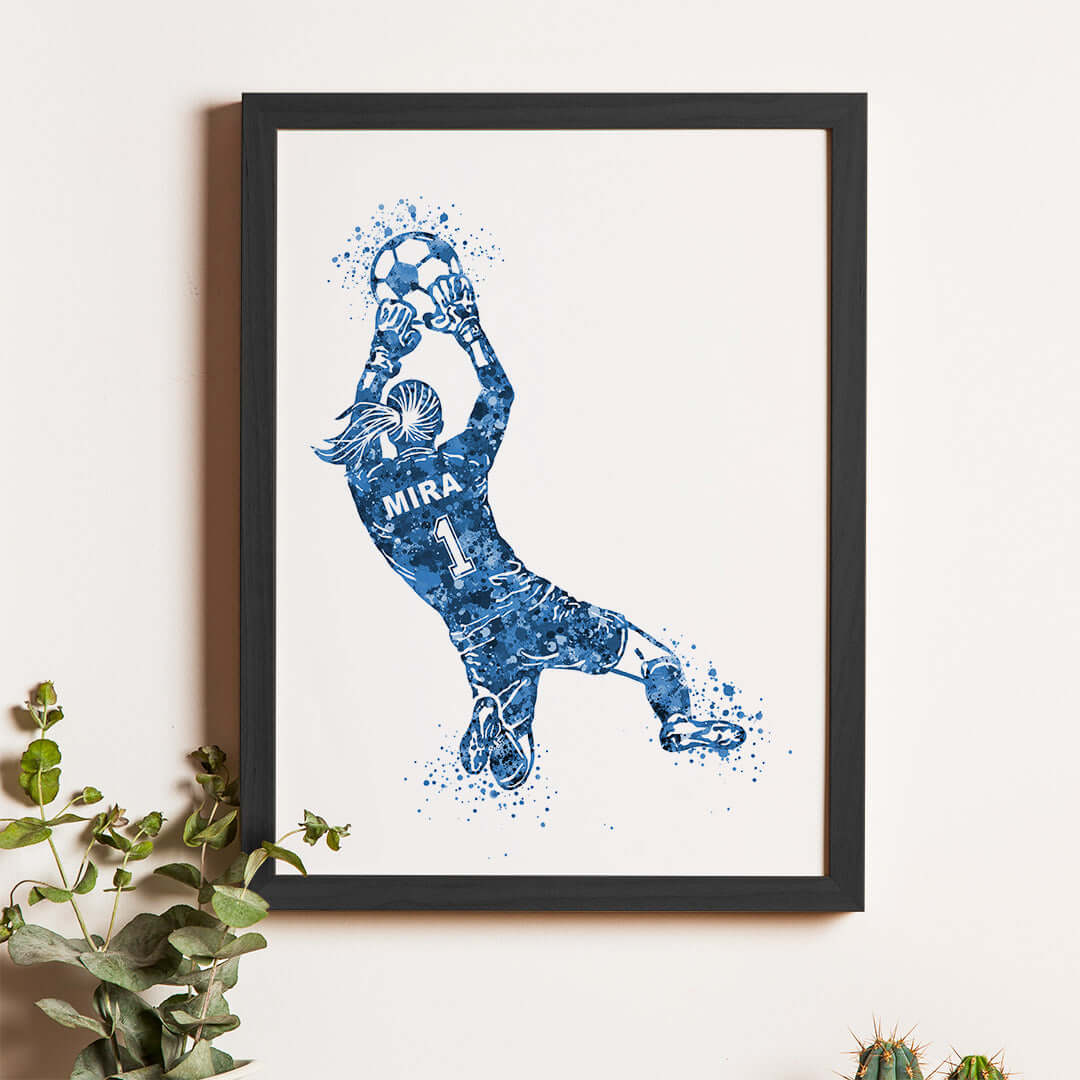 Inspirational blue football goal keeper girl wall art black frame