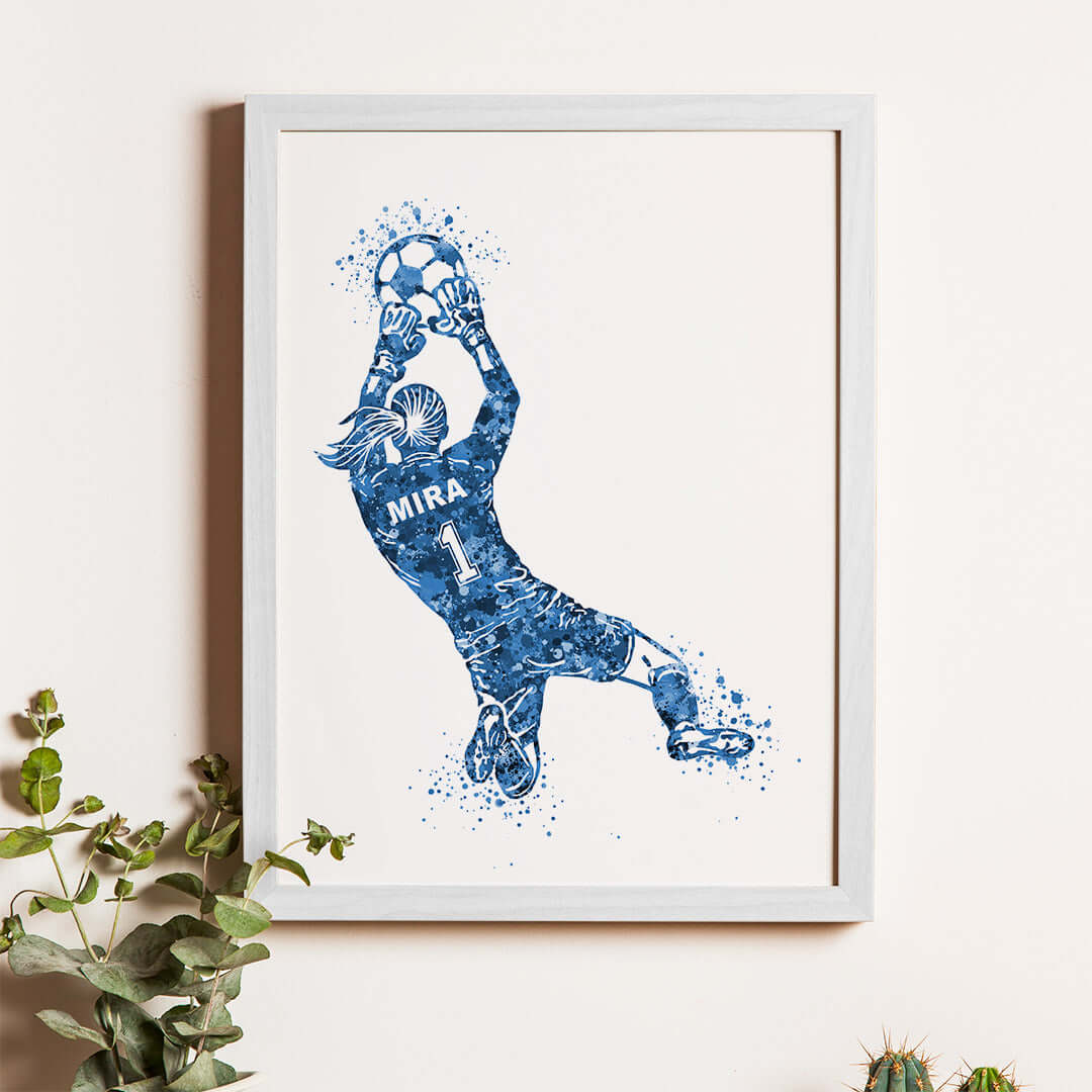 Inspirational blue football goal keeper girl wall art white frame