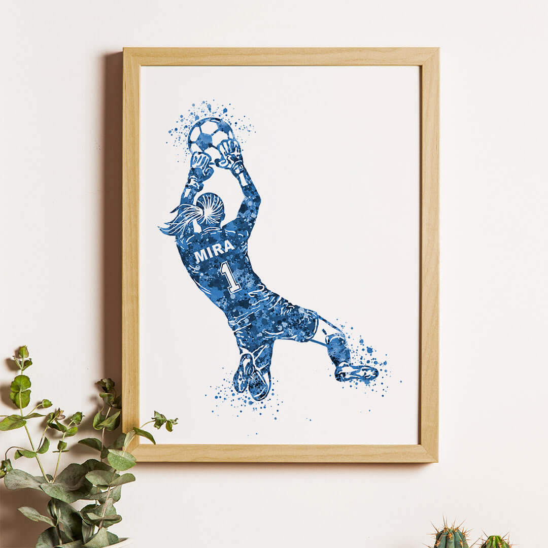 Inspirational blue football goal keeper girl wall art wooden frame