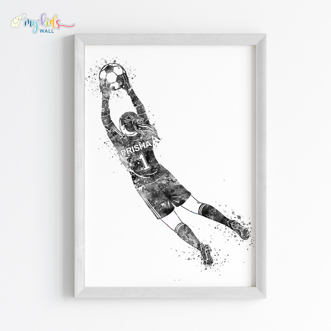 Football Goalkeeper Girl Personalized Wall Art Framed White