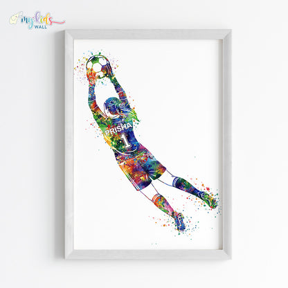 Football Goalkeeper Girl Personalized Wall Art Framed White