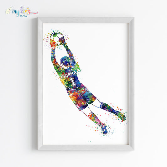 Football Goalkeeper Girl Personalized Wall Art Framed White
