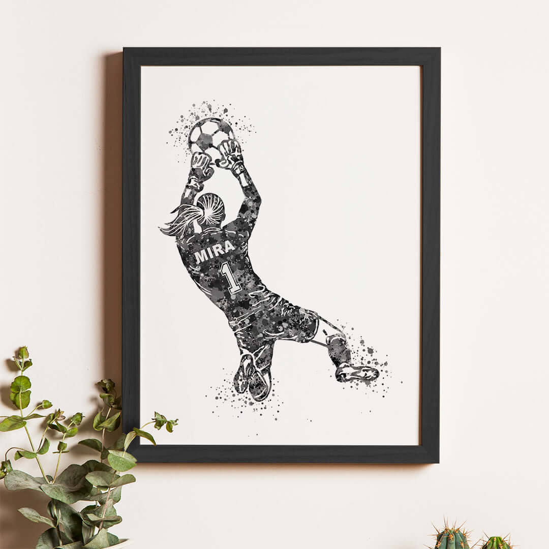 Inspirational black football goal keeper girl wall art black frame