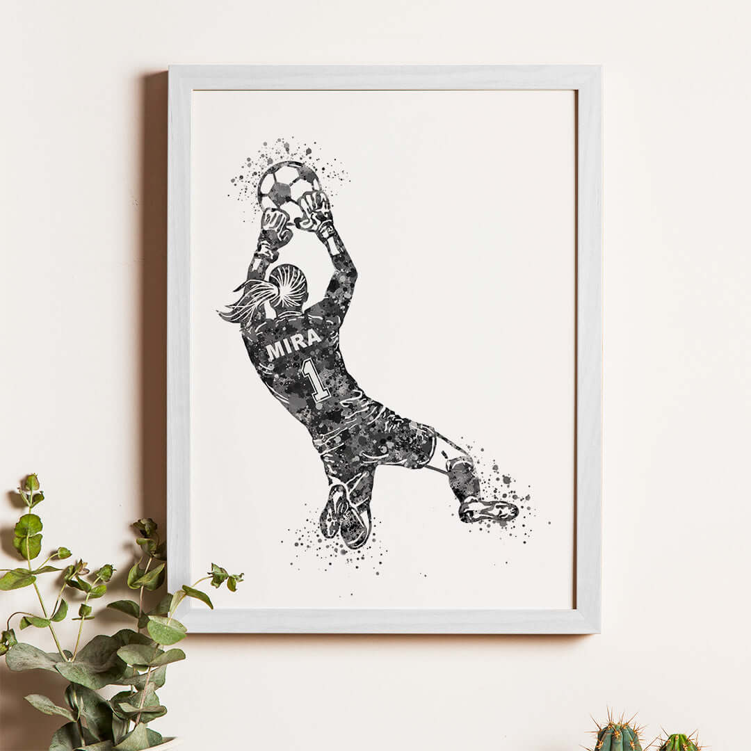 Inspirational black football goal keeper girl wall art white frame